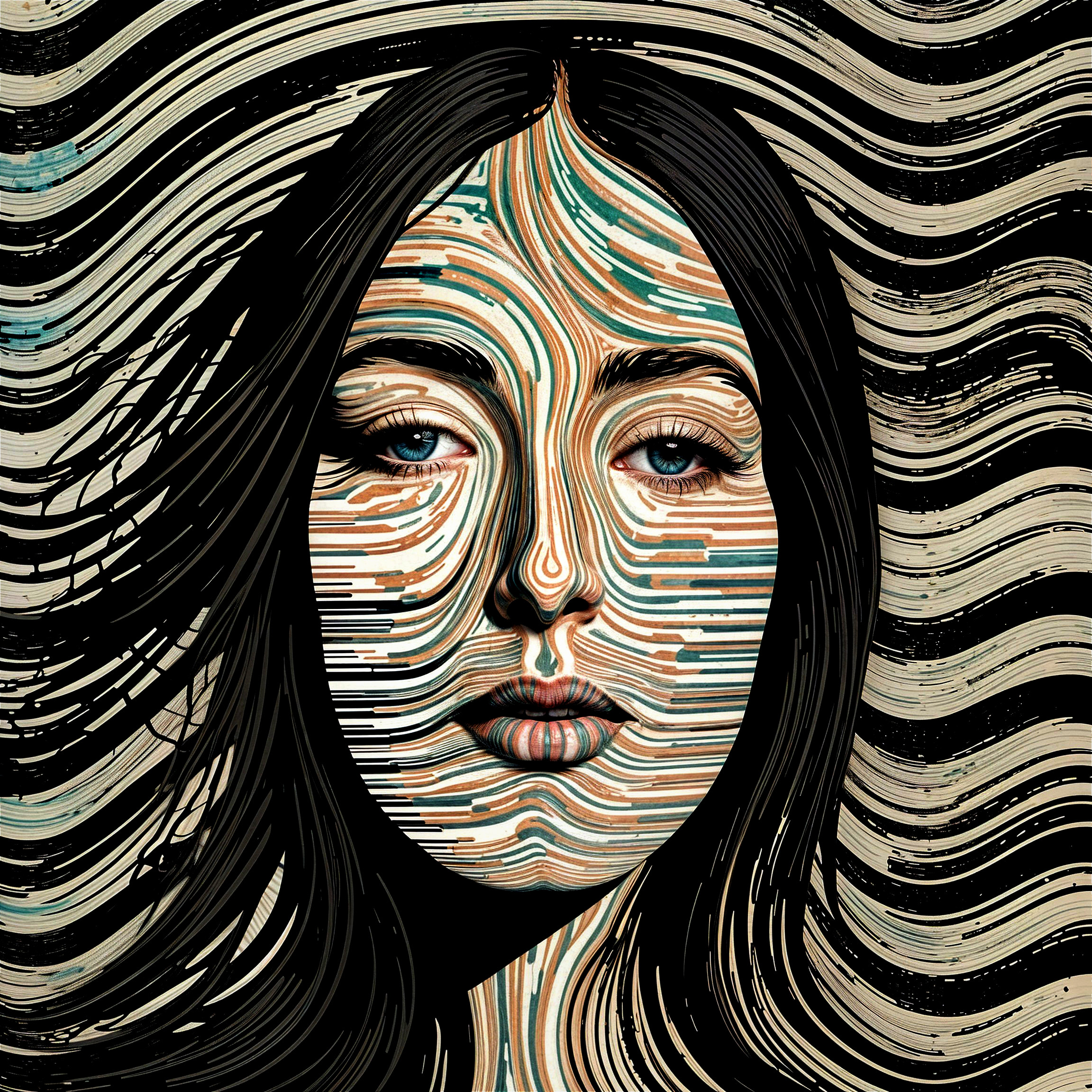 Stylized portrait of a woman with flowing hair and patterns