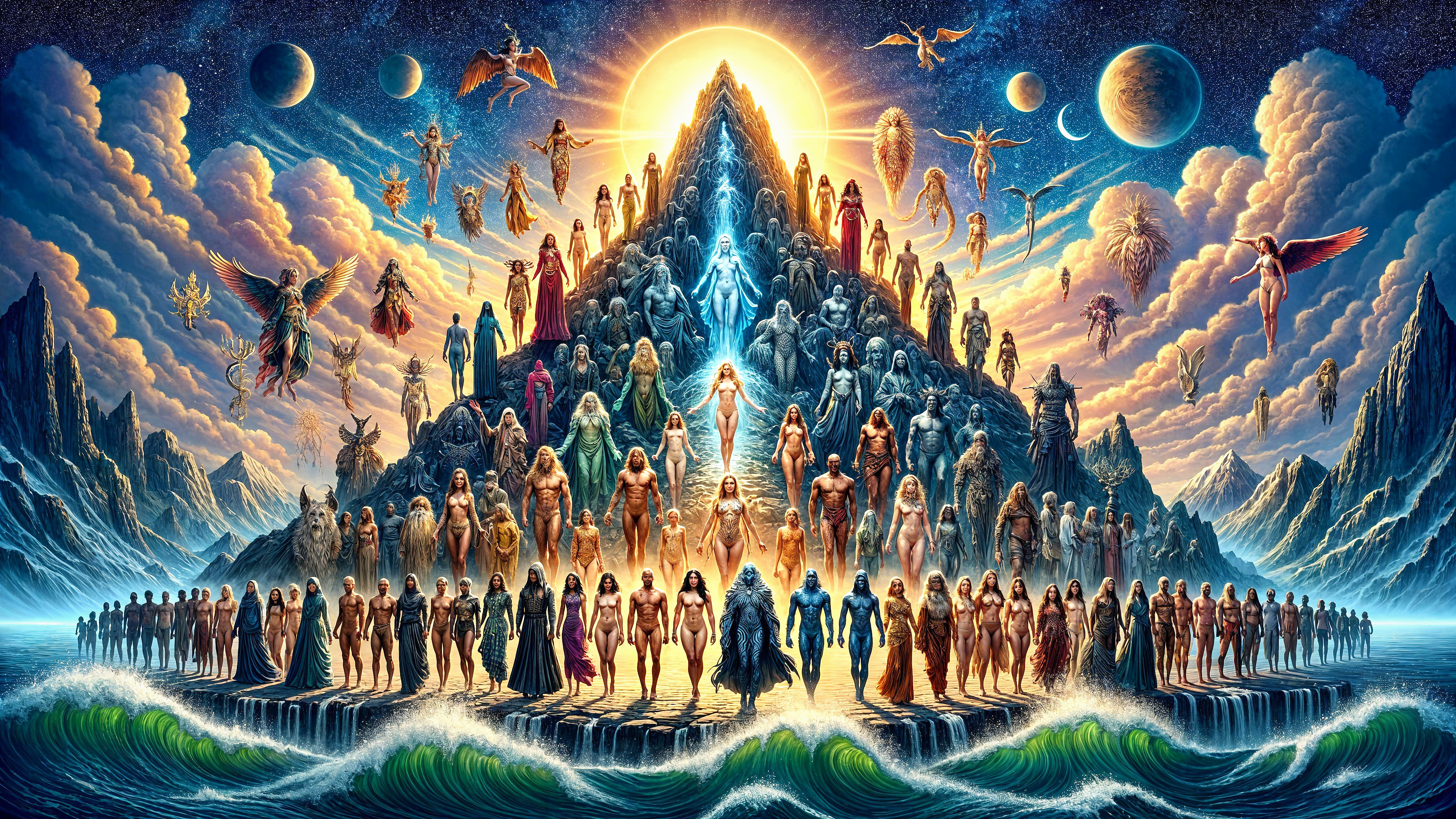 Surreal Landscape with Majestic Mountain and Figures