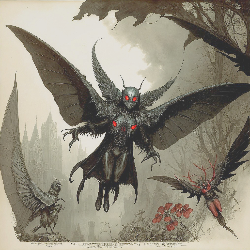 Detailed Artwork: Monstrous Bat-Like Creature with Red Eyes, Wings, and Claws