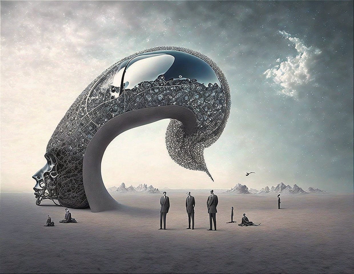 Surreal desert landscape with giant hollow head and intricate patterns