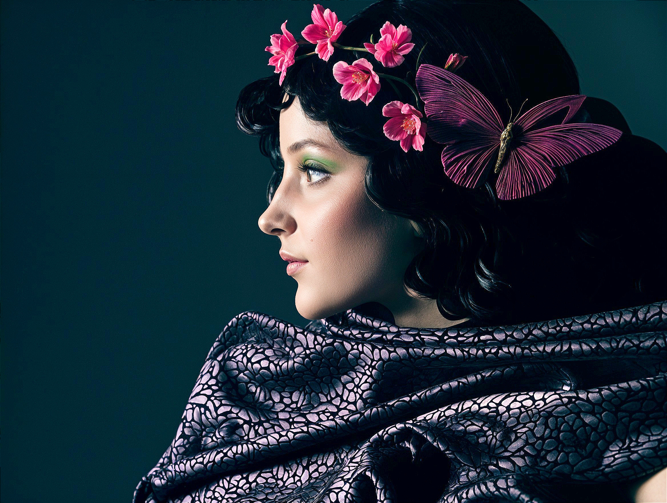 Profile of a Woman with Floral Accents and Shawl