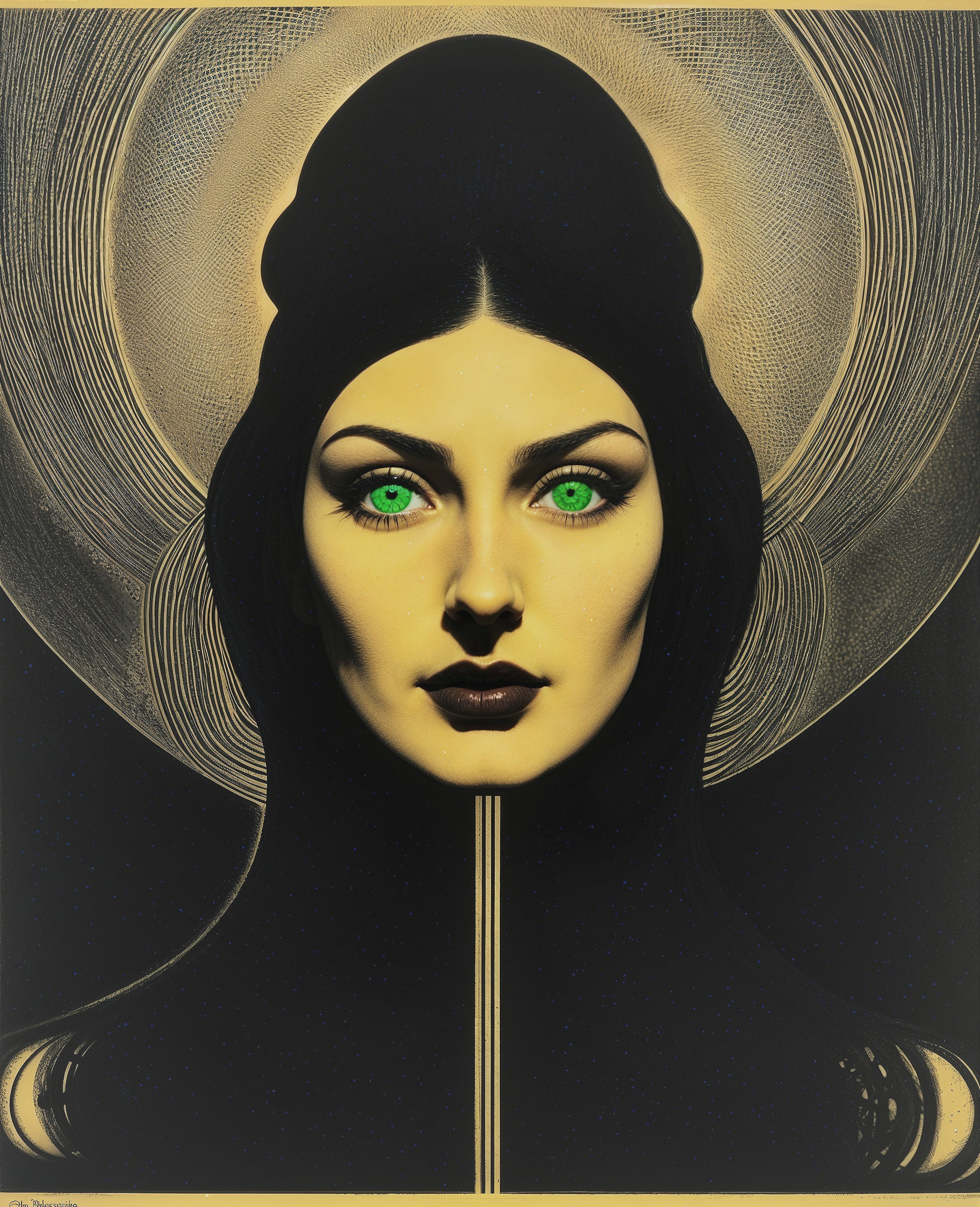 Striking figure with green eyes and golden halos