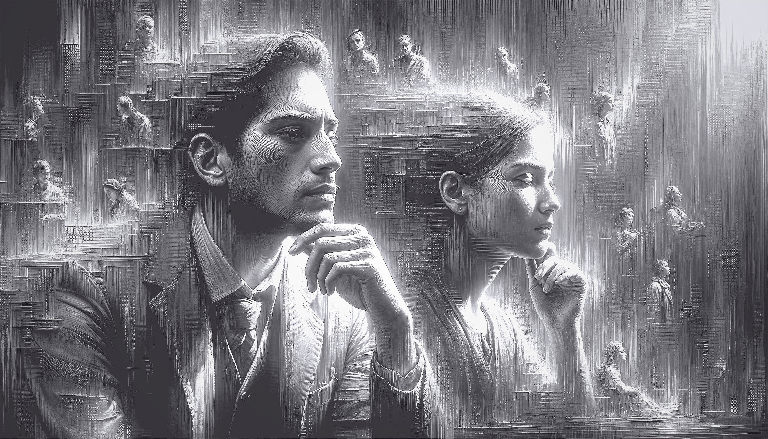 Monochrome Figures in Abstract Contemplative Scene