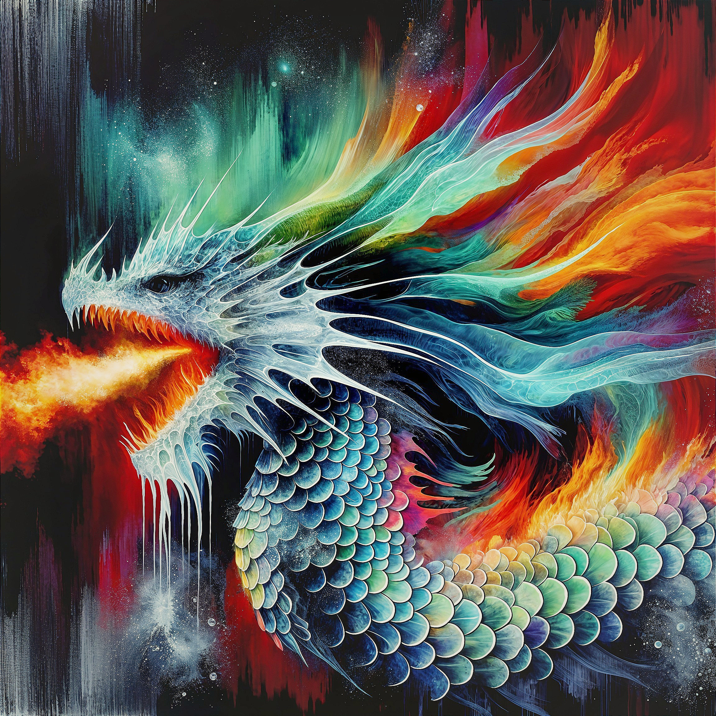 Vibrant Dragon Against Cosmic Backdrop with Flames