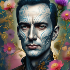 Portrait of a man with blue patterns and floral backdrop