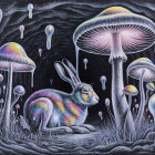 Vibrant Forest of Colorful Mushrooms on Black Background