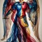 Ethereal angel with vibrant wings and sword illustration