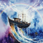 Colorful Ship in Dreamlike Watercolor Sky Scene