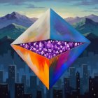 Geometric Pyramid with Vibrant Colors Above Skyline