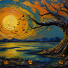 Vibrant Halloween Scene with Twisted Trees and Pumpkins