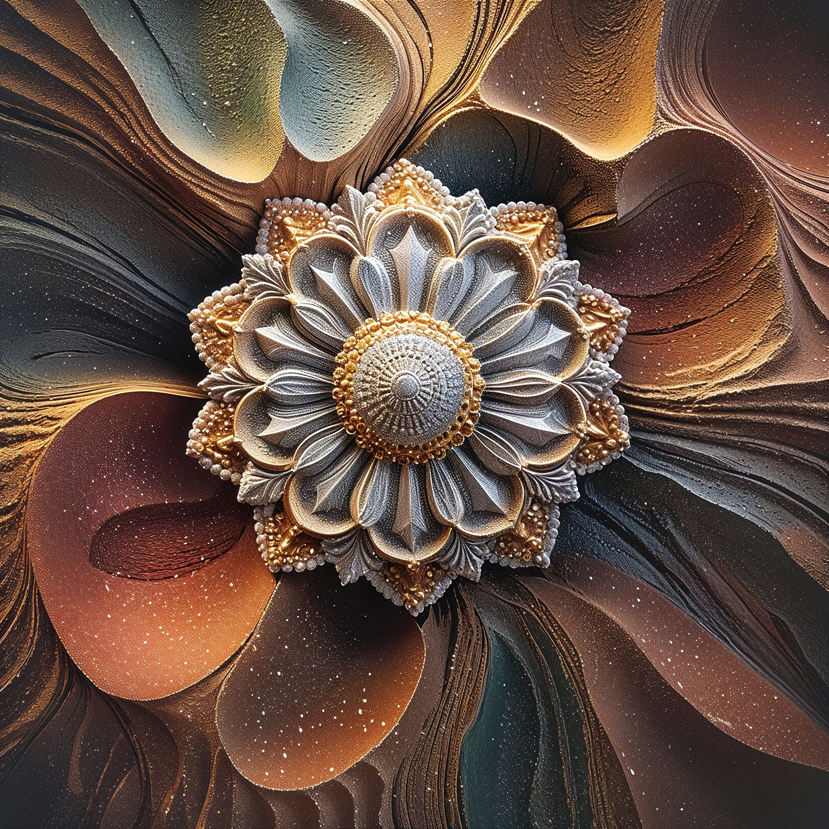 Intricate flower design in gold, silver, and earthy tones