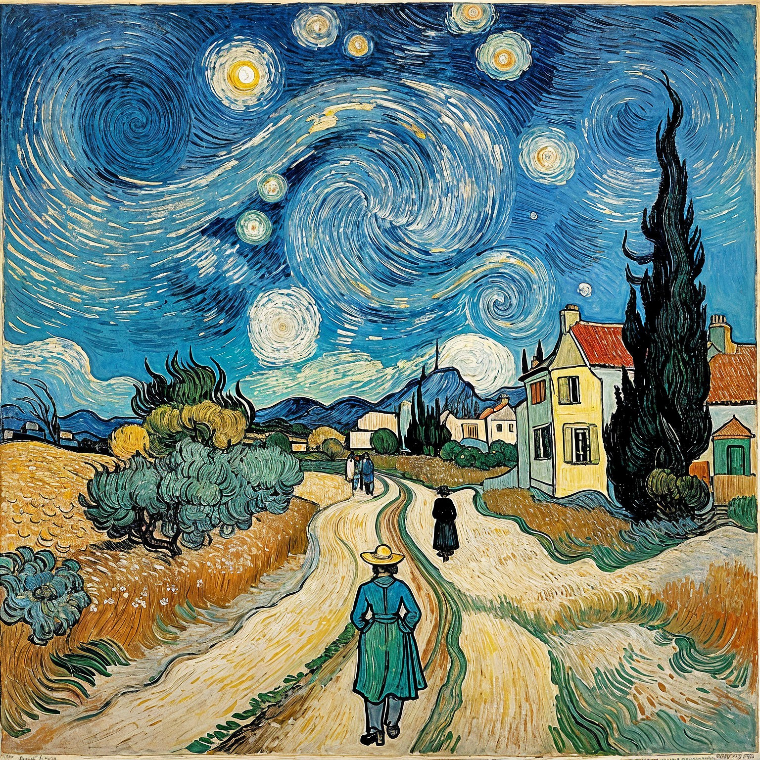 Swirling Night Sky with Vibrant Stars and Figures