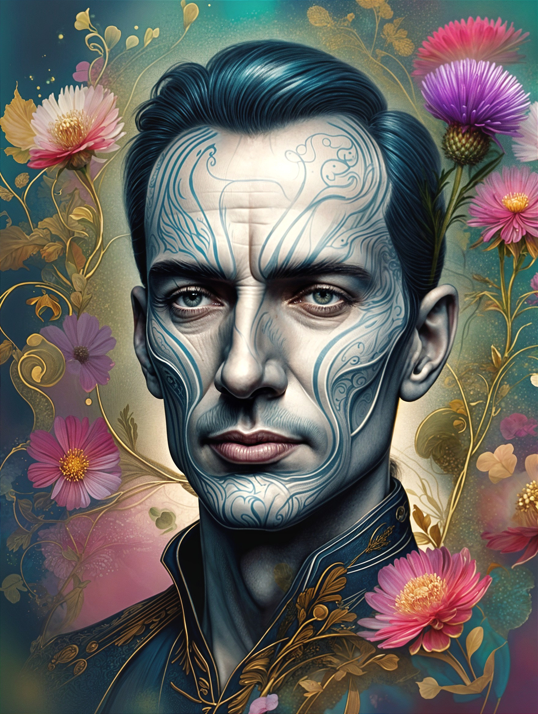 Portrait of a man with blue patterns and floral backdrop