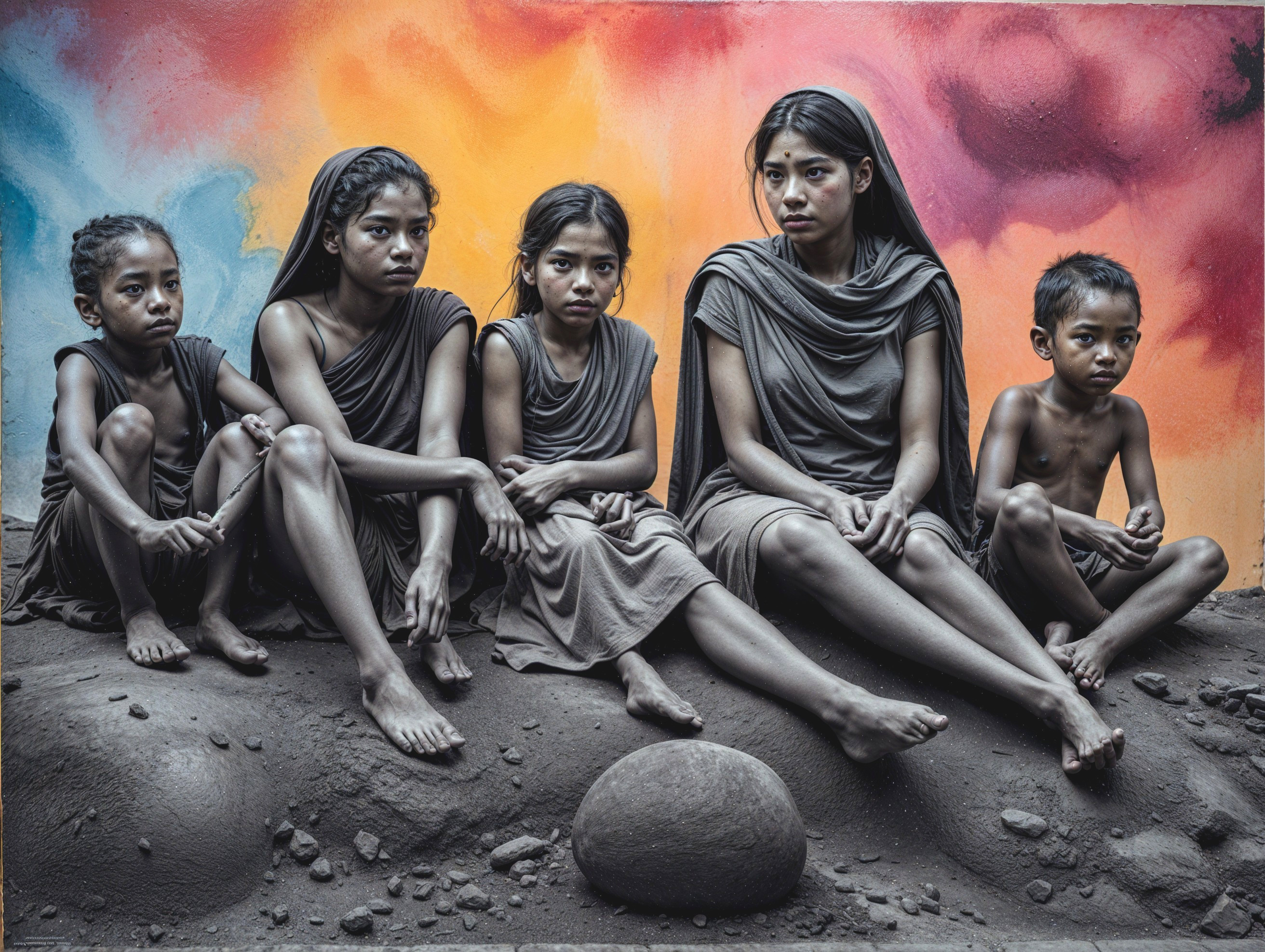 Children in Muted Clothing Against Colorful Mural