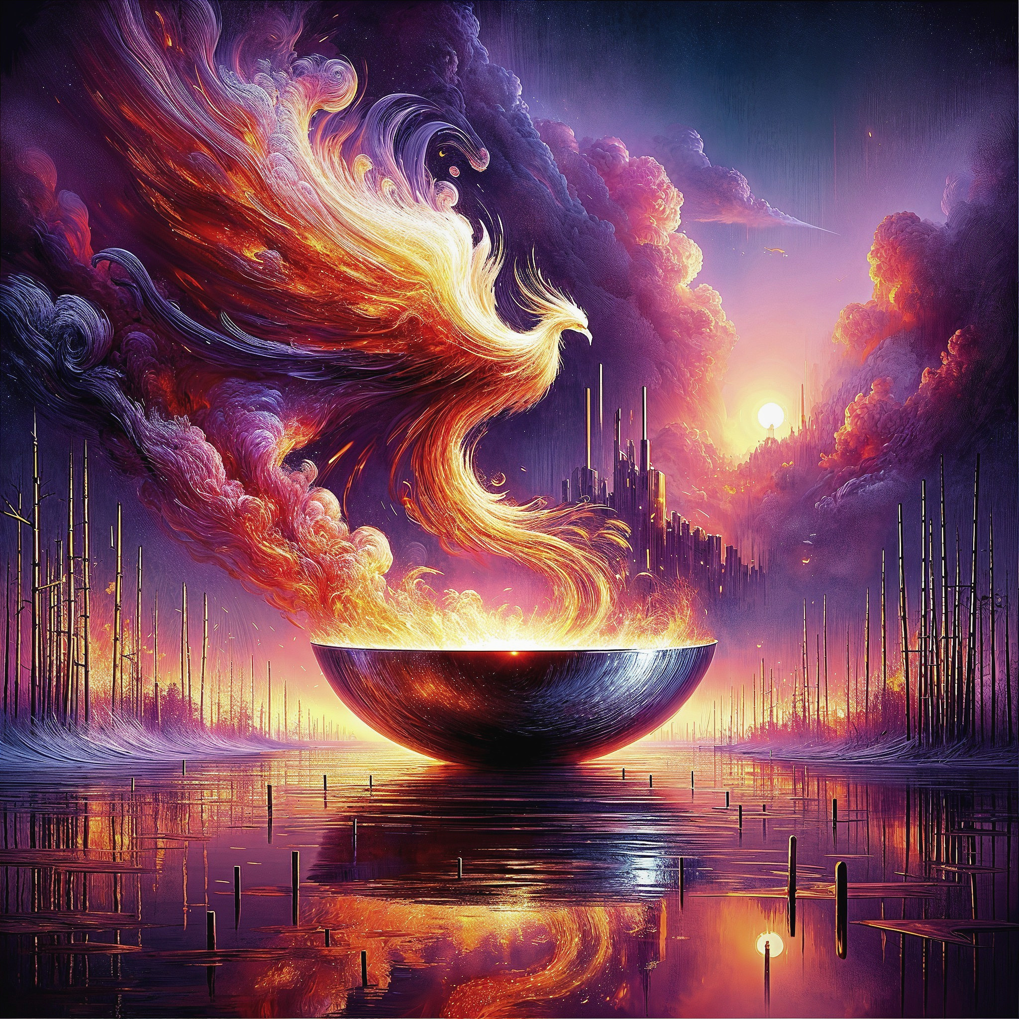 Mystical Scene with Dark Bowl and Vibrant Flames
