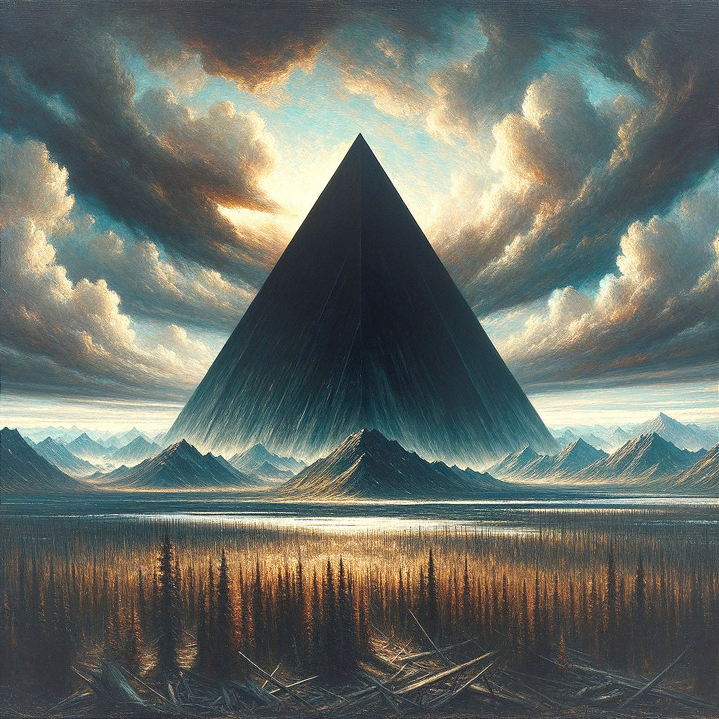Black Pyramid Landscape with Dramatic Sky and Lake
