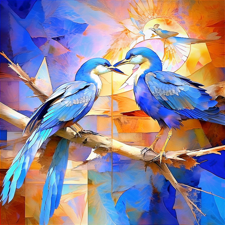 Blue Kingfishers on Branch with Abstract Background