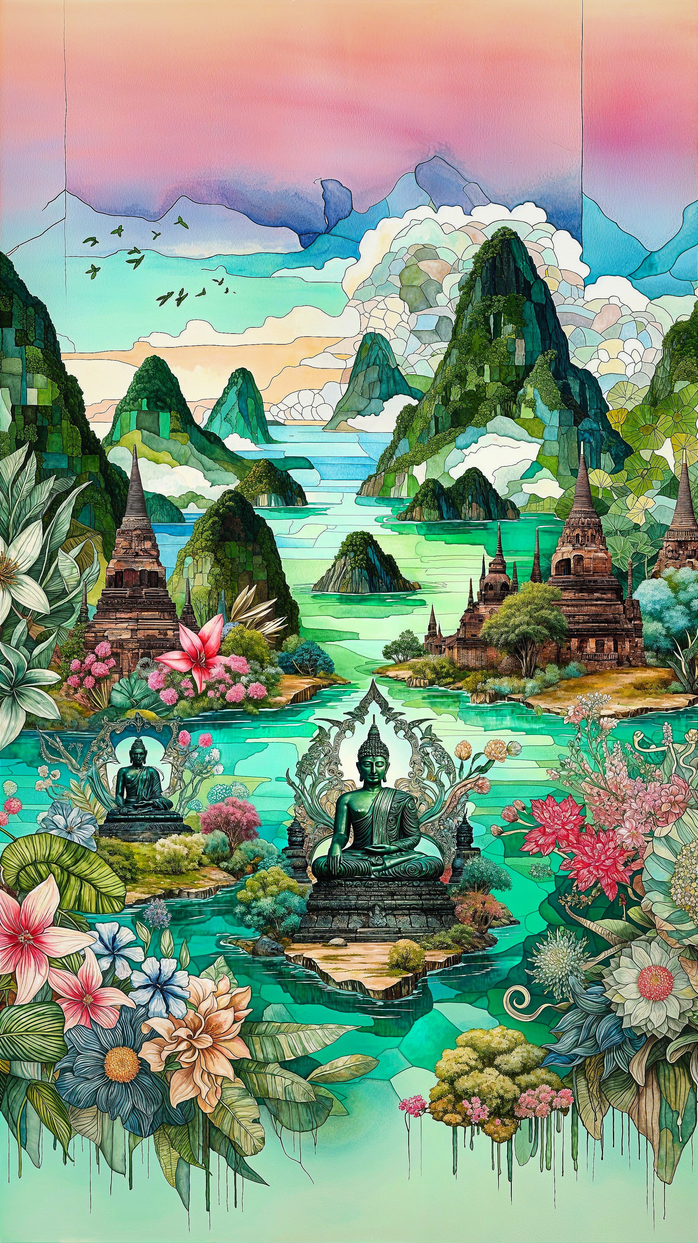 Surreal Landscape with Buddha, Temples, and Flowers