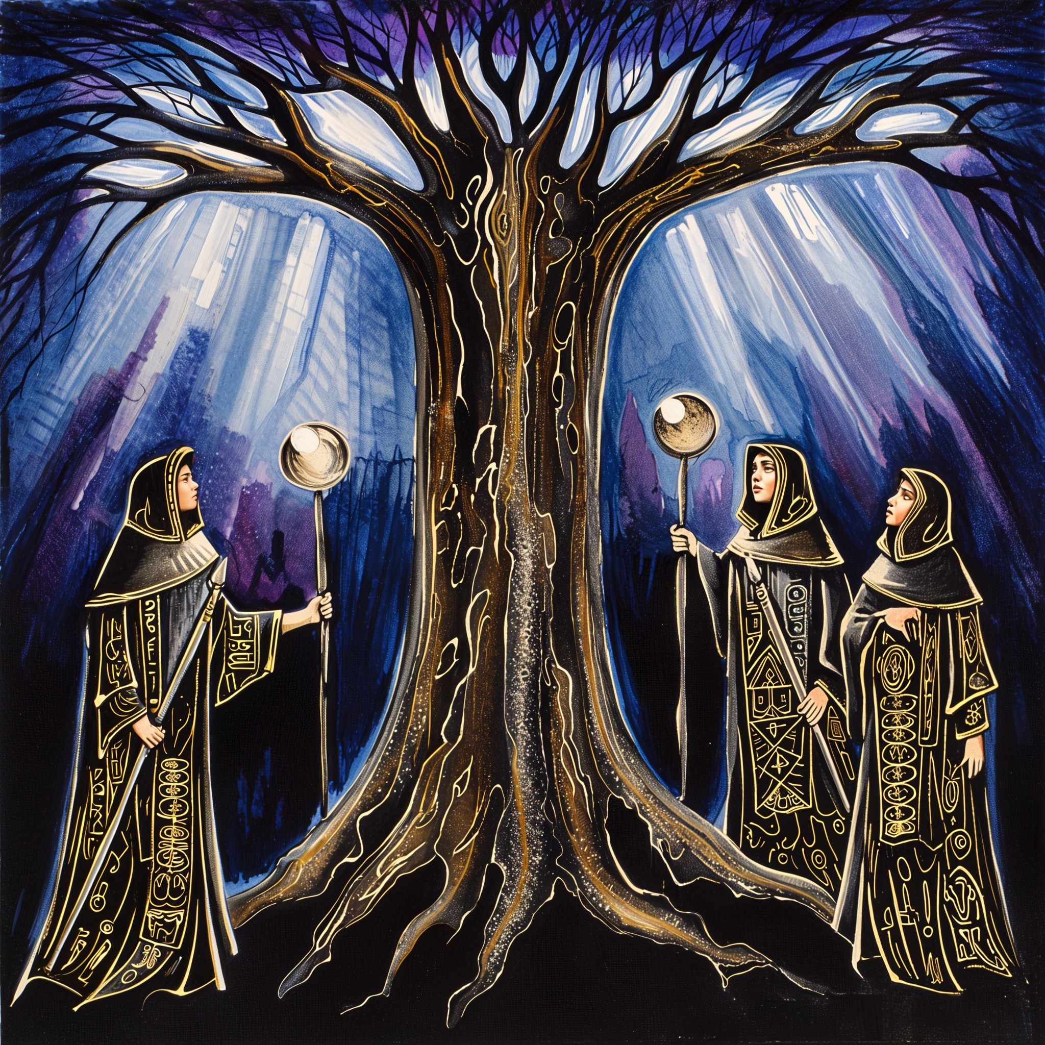Three Figures Before Ancient Tree in Mystical Forest