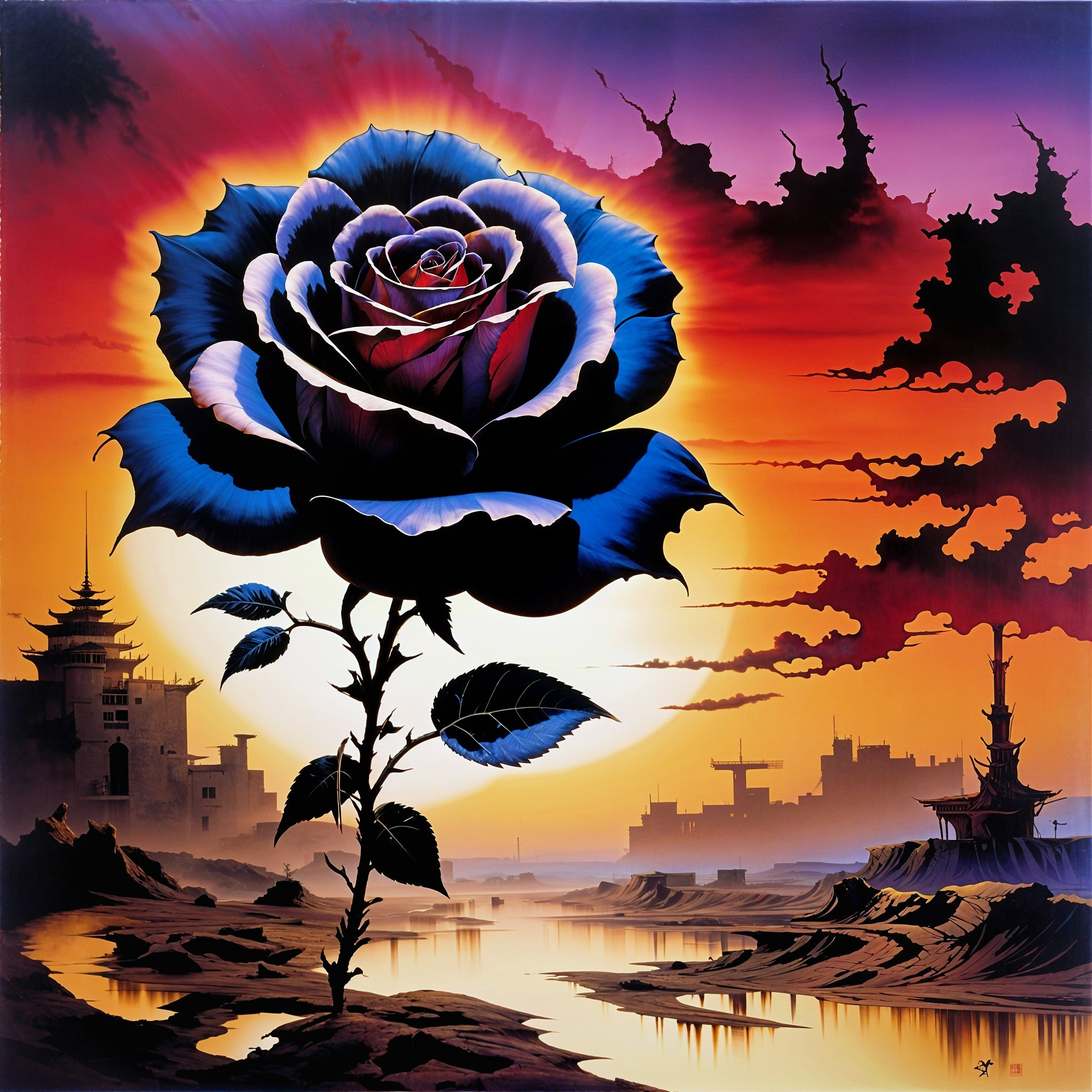 Surreal Scene of Giant Rose Against Vibrant Sunset