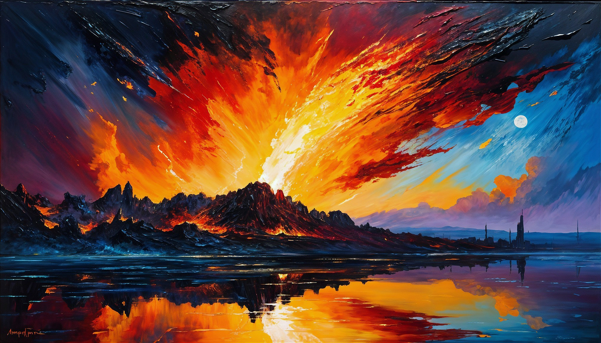 Dramatic Landscape with Volcanic Eruption and Moonlight