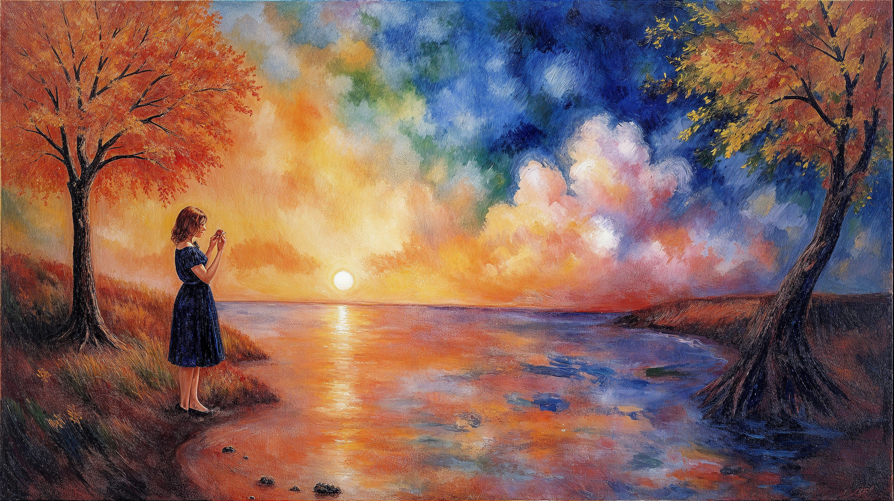 Serene sunset with girl by tranquil lake and trees