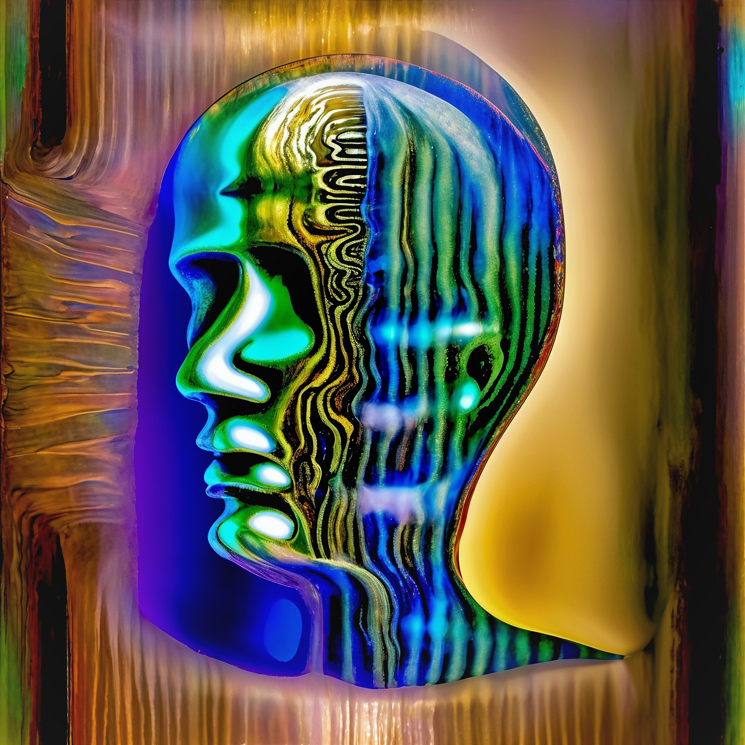 Stylized human head sculpture in vibrant colors
