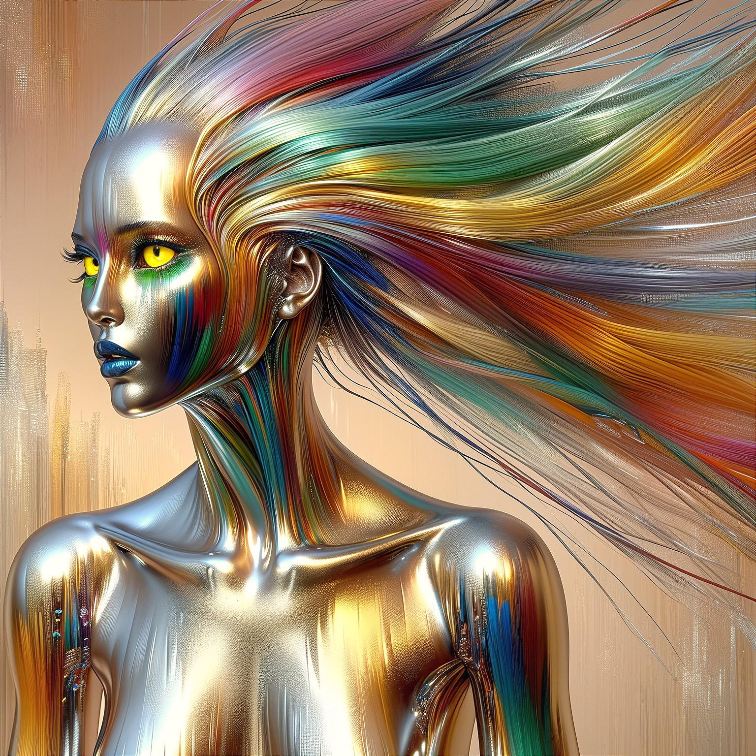 Futuristic figure with metallic skin and vibrant hair