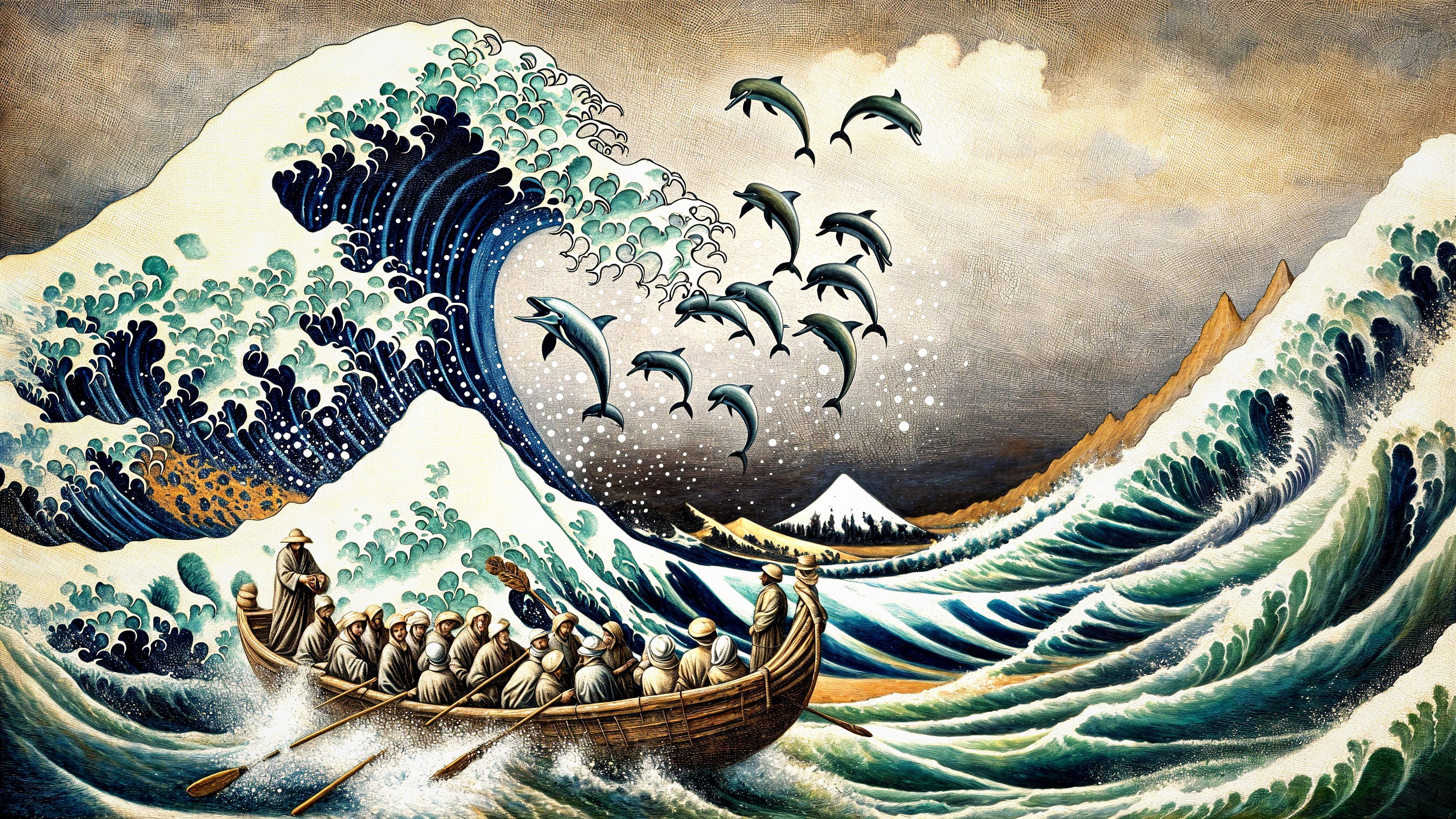 Stylized Wave Scene with Boat and Dolphins