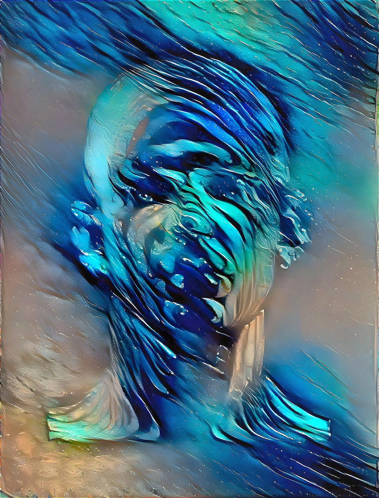 Abstract Portrait with Swirling Blue and Turquoise Hues