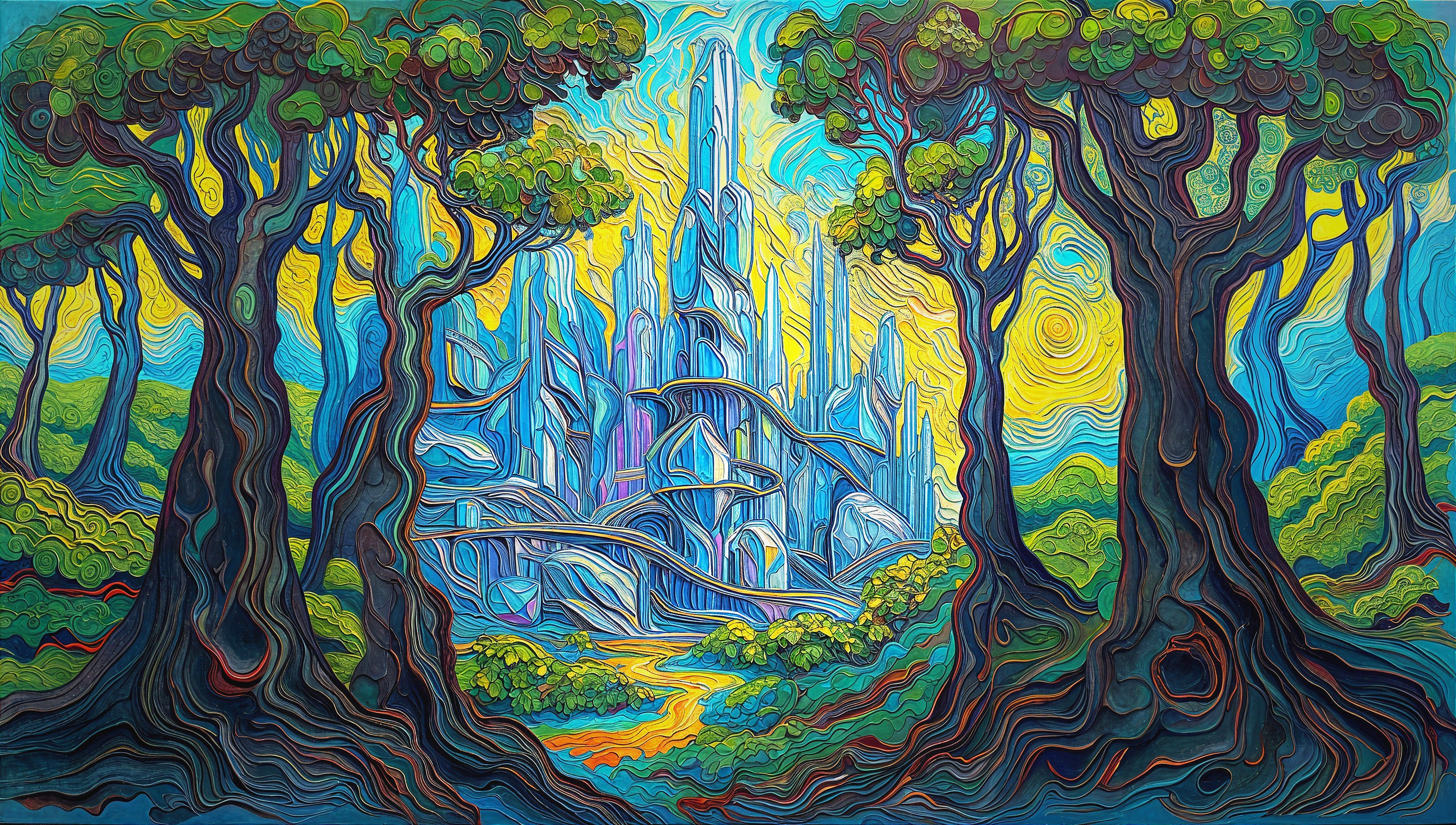 Vibrant Landscape with Crystalline Structures and Trees
