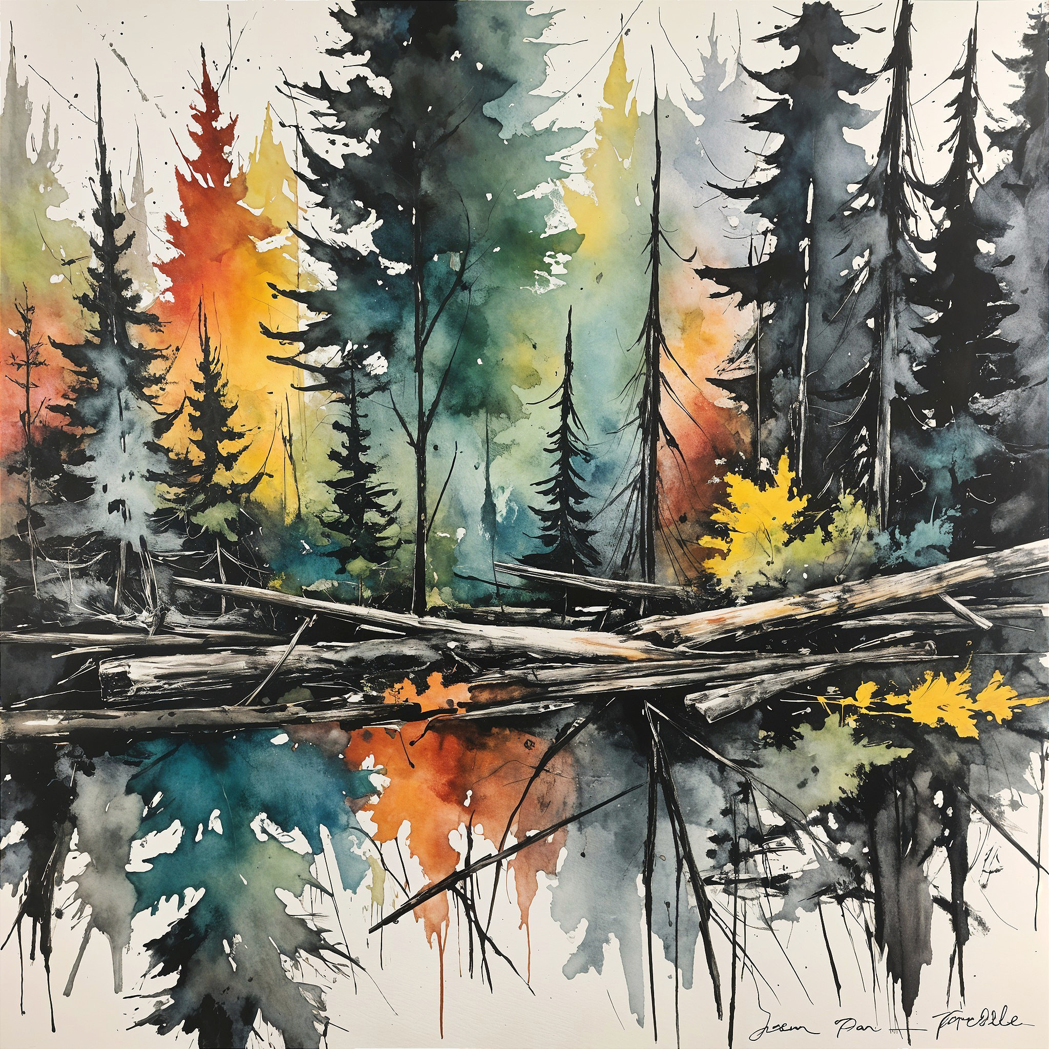 Vibrant Watercolor Landscape with Coniferous Trees