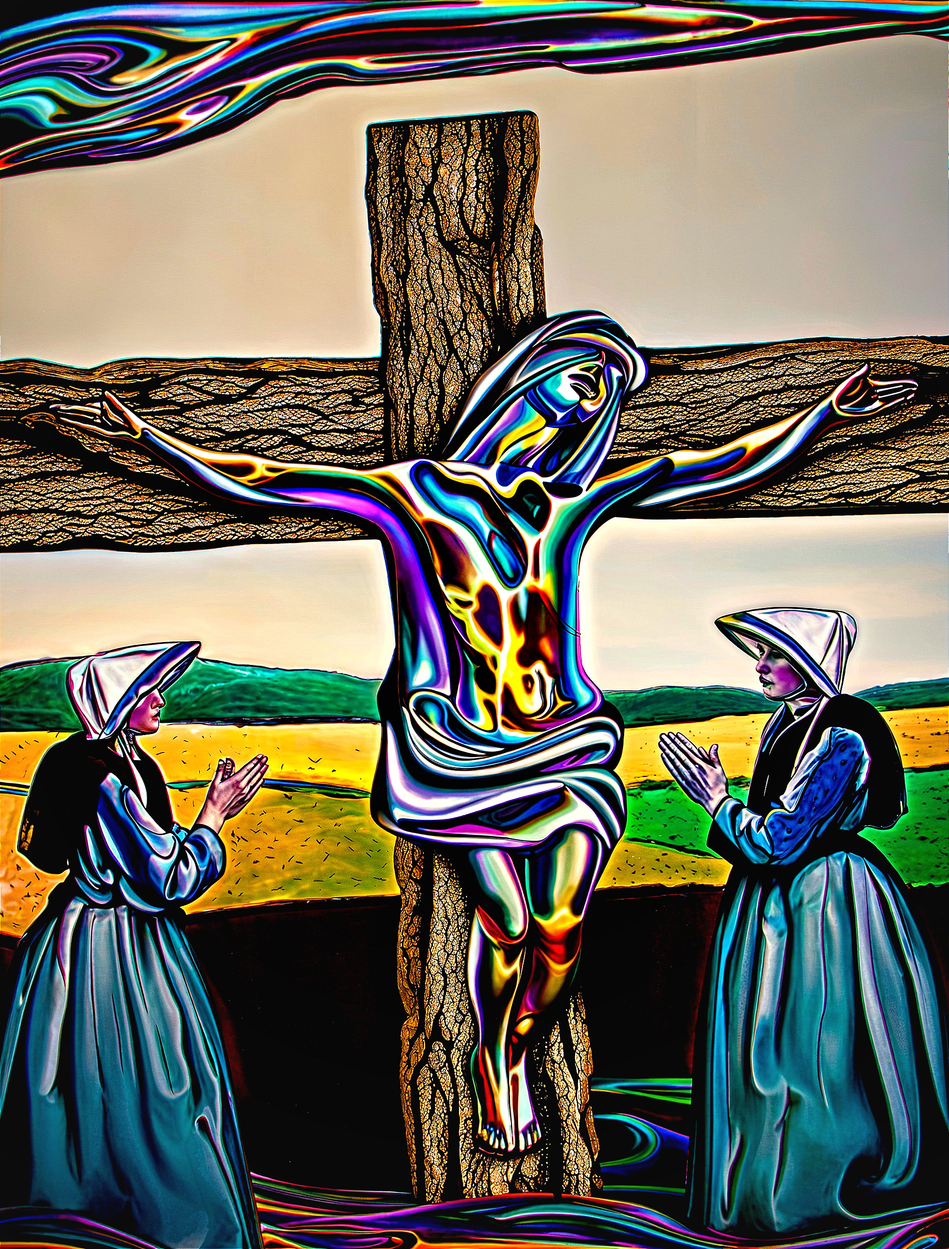 Stylized Crucifixion Scene with Vibrant Colors