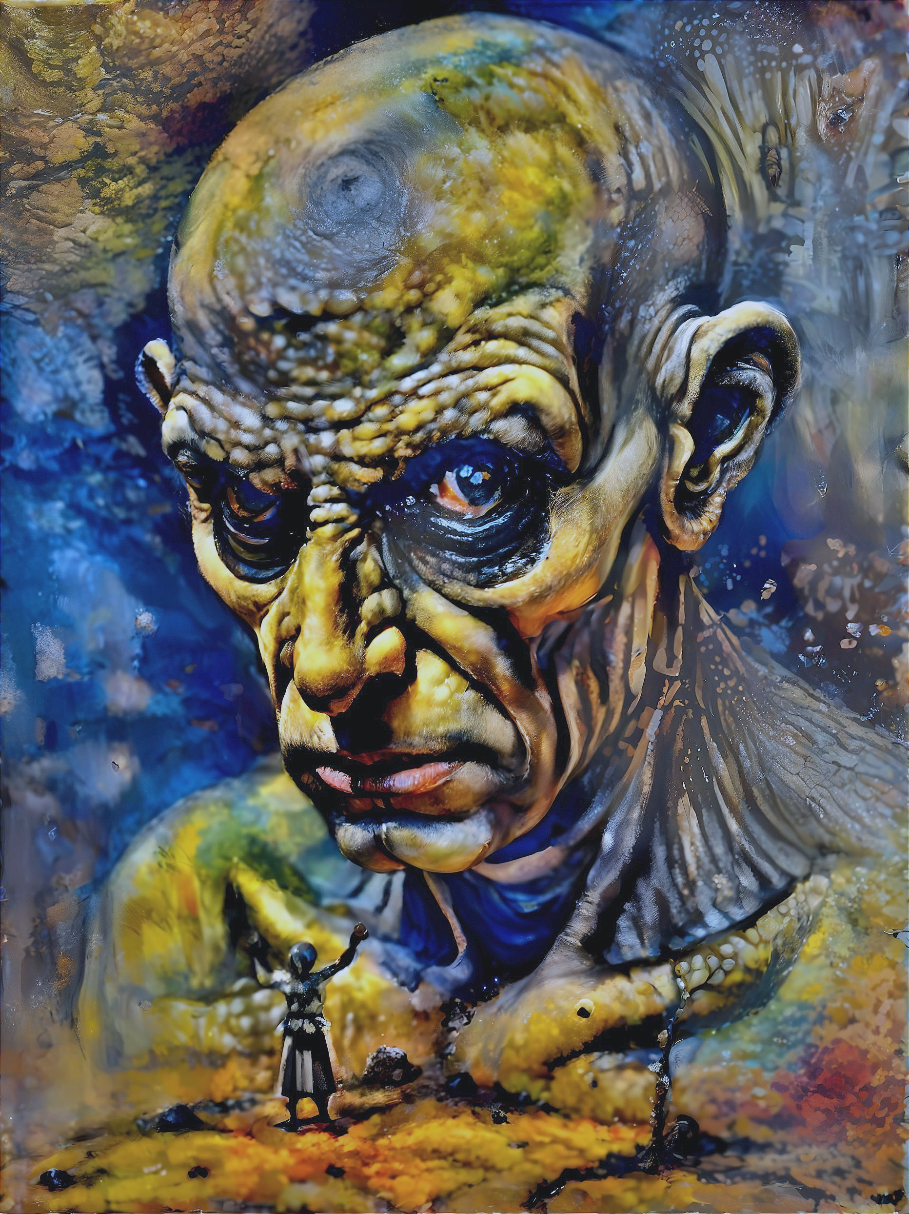 Surreal Artwork of Giant Figure with Abstract Background
