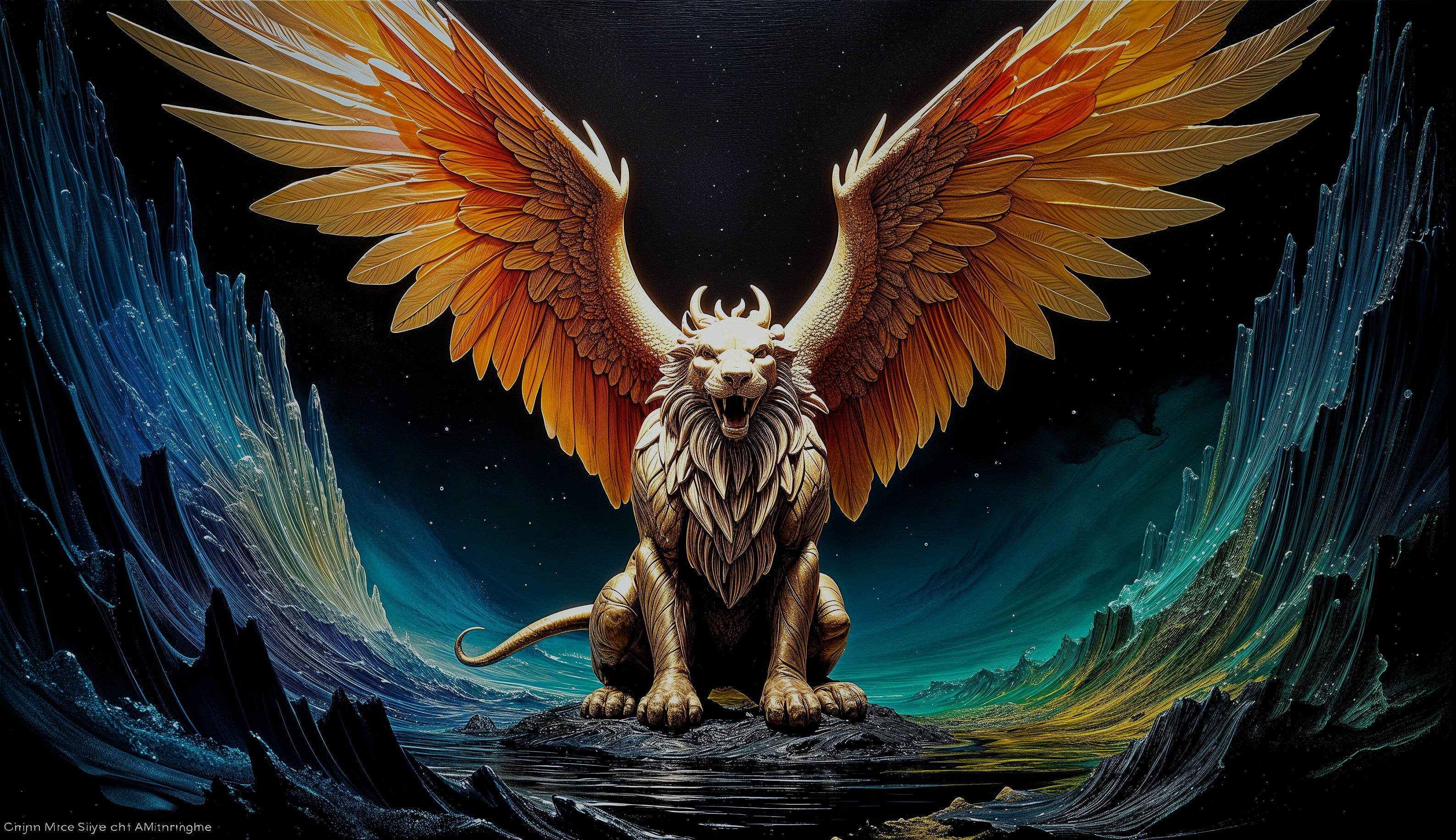 Winged Lion with Cosmic Background and Ethereal Patterns