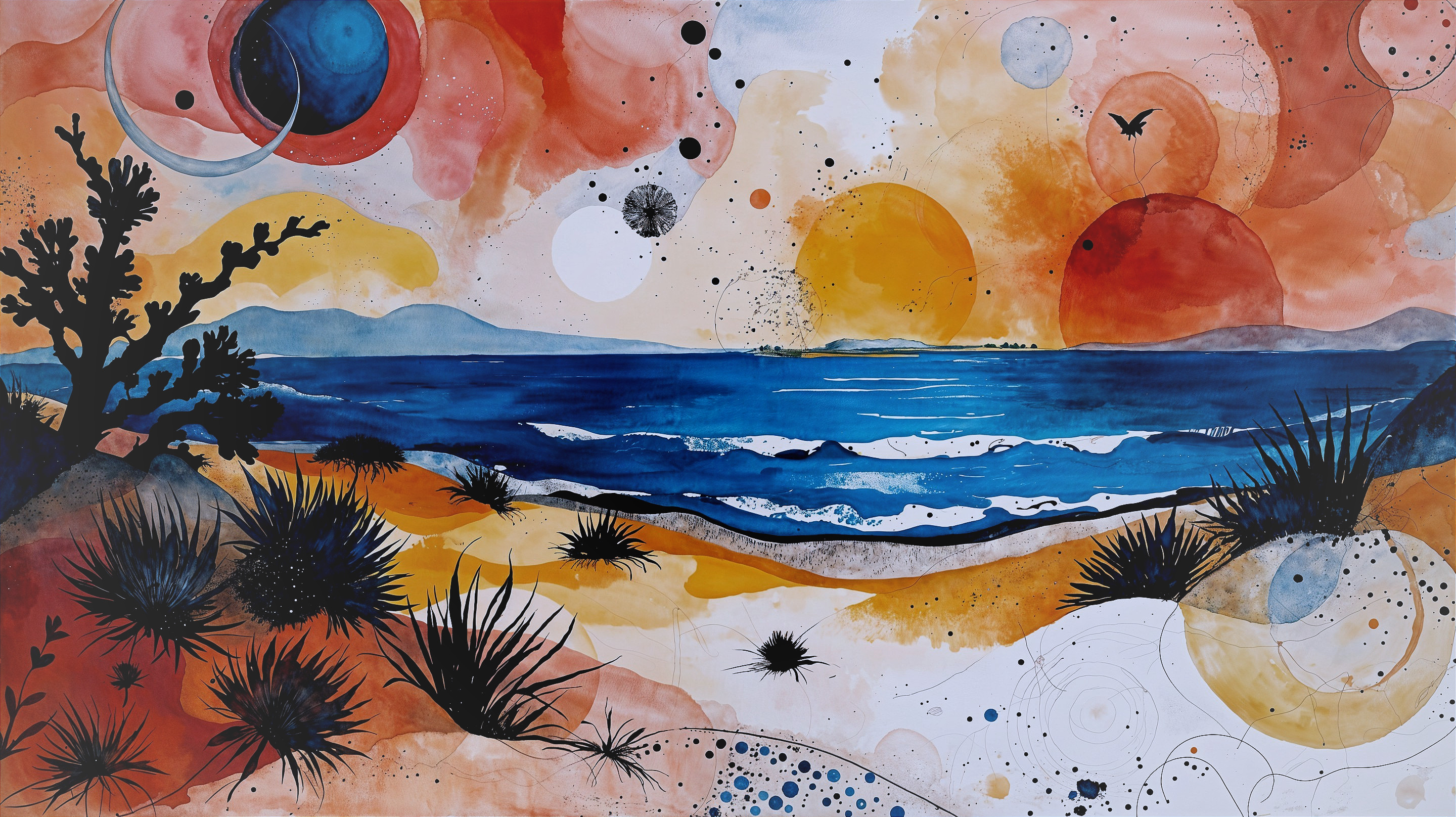 Vibrant Abstract Landscape with Ocean and Sunset Elements