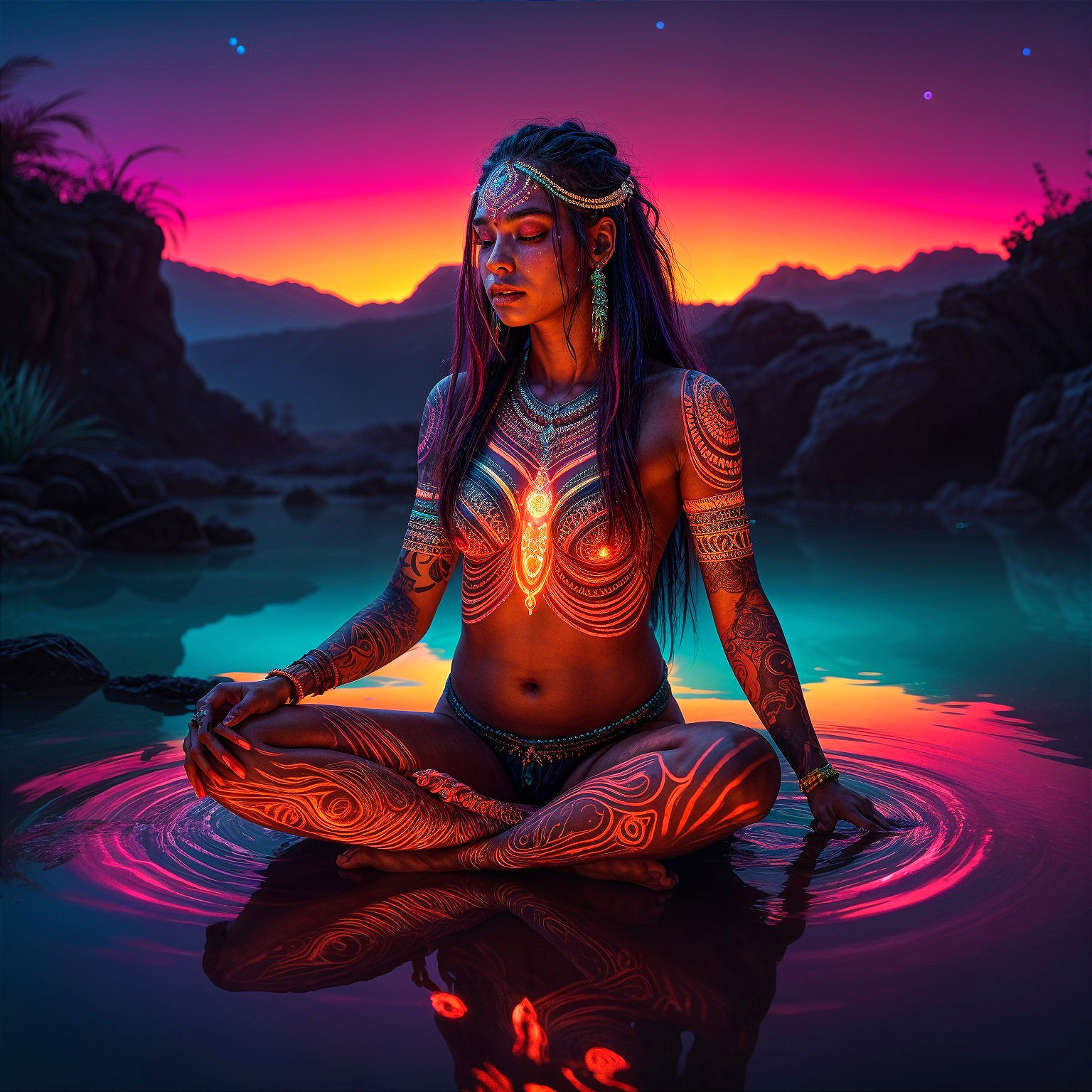 Serene Figure in Water at Vibrant Sunset Scene