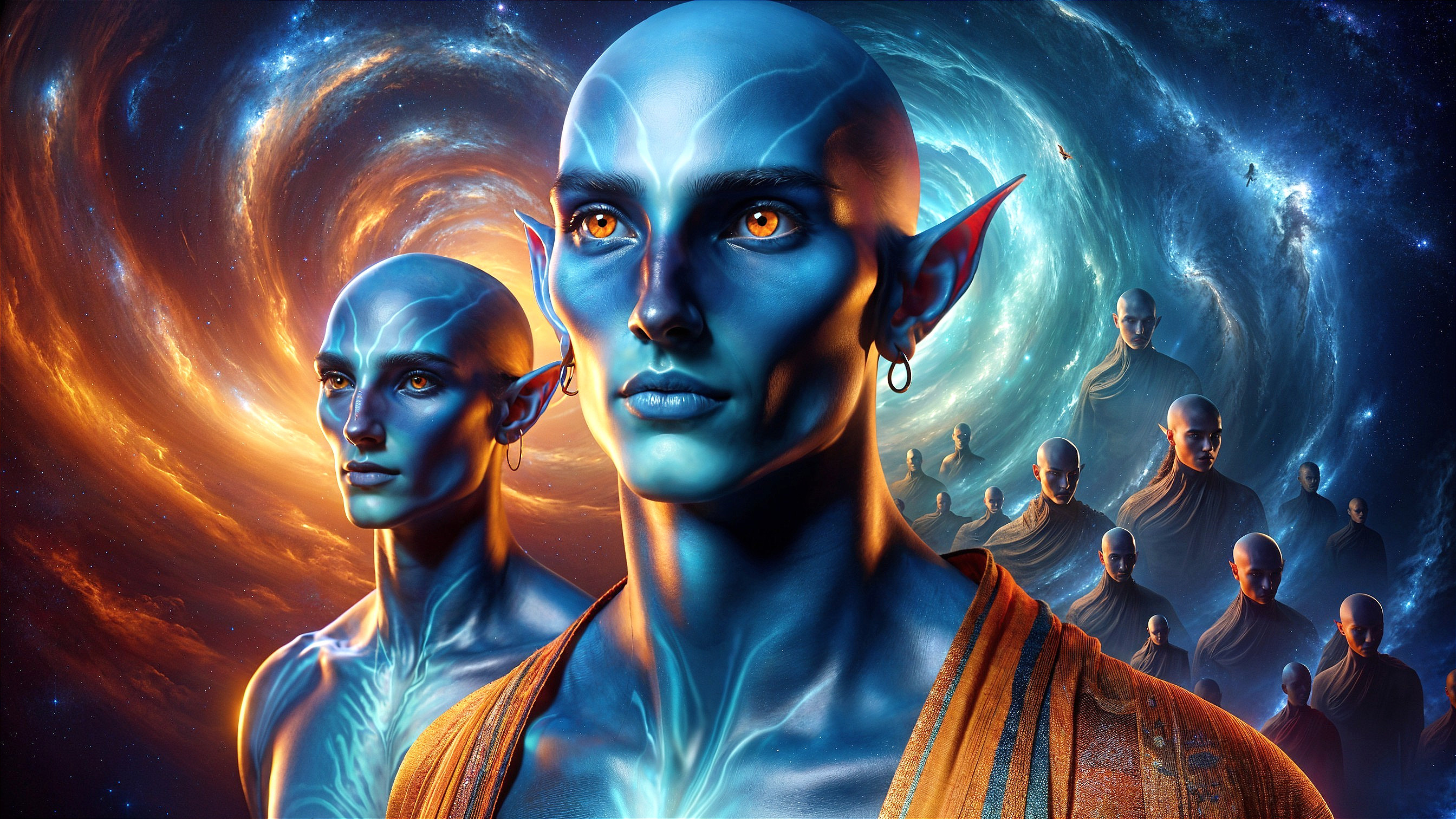 Humanoid Figures with Blue Skin in Cosmic Scene