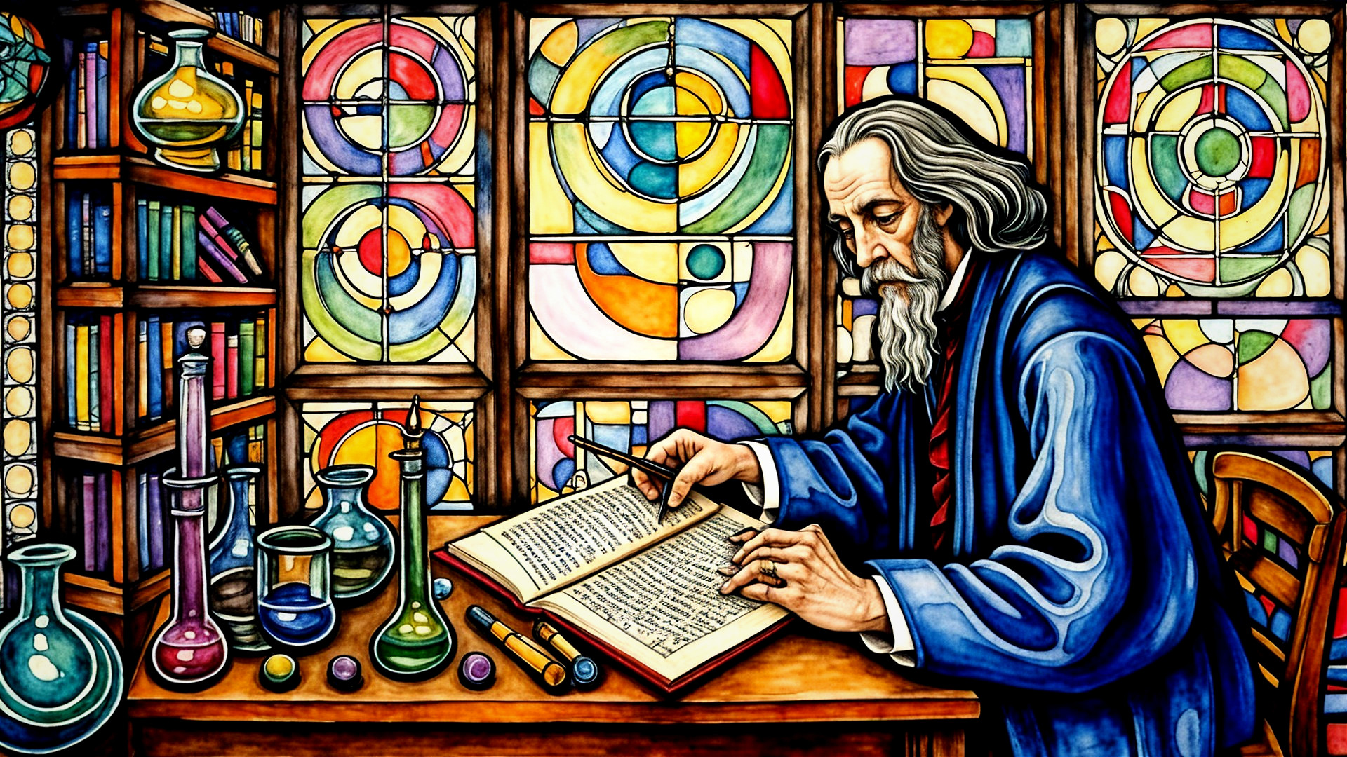 Elderly Scholar Reading in Stained-Glass Room