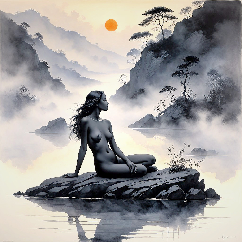 Serene Landscape with Misty Mountains and Nude Figure