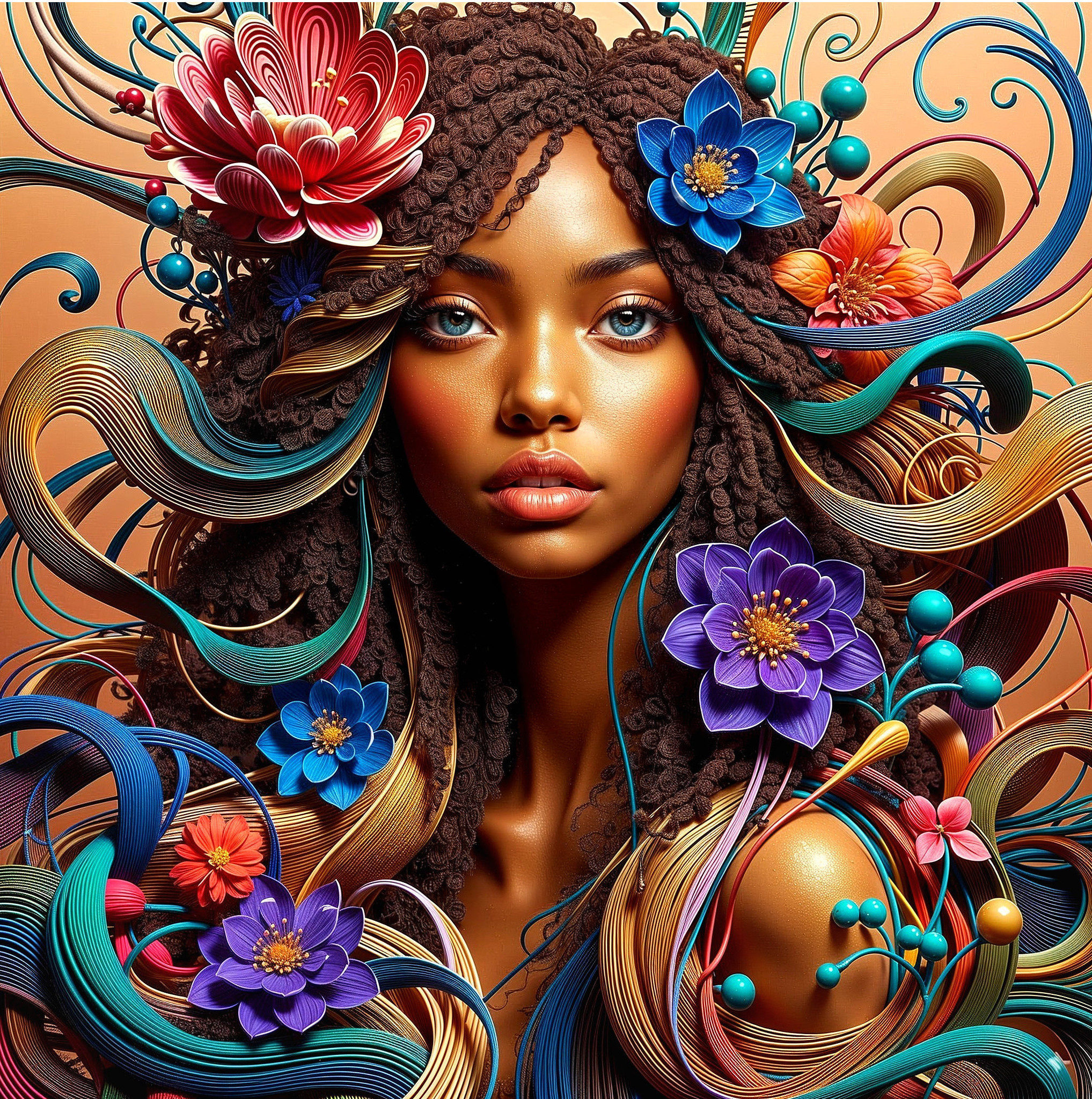 Portrait of a woman with curly hair and floral accents