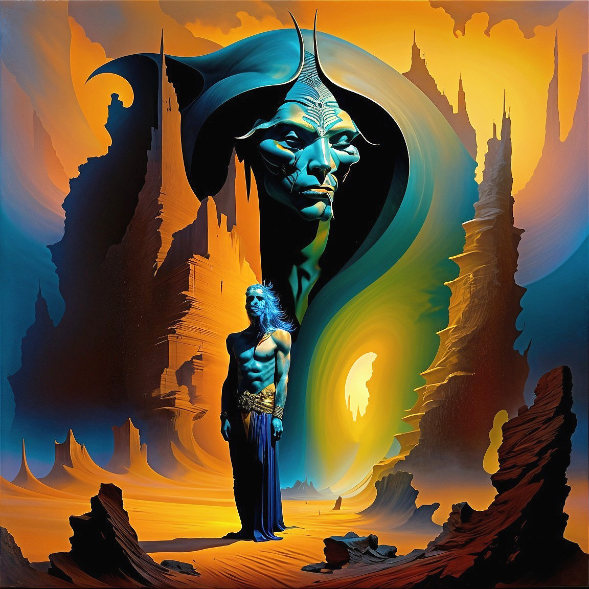 Surreal Landscape with Alien Figure and Muscular Being