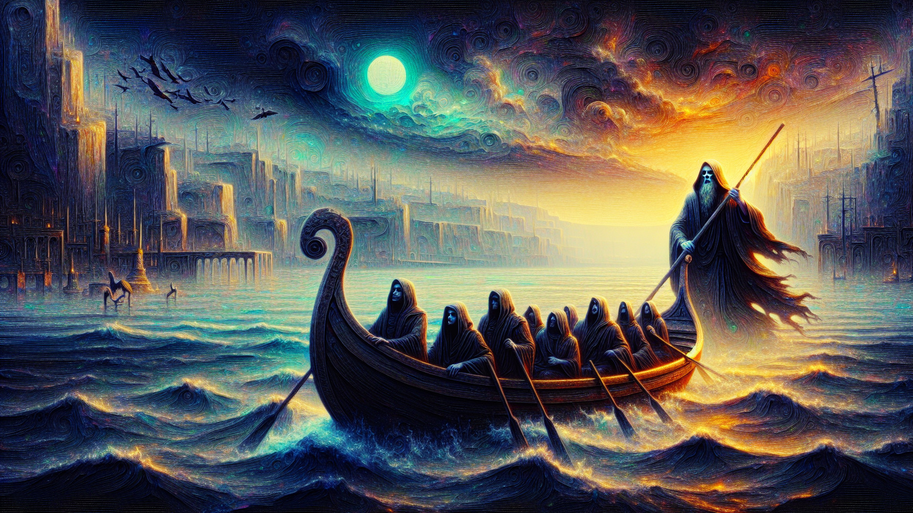 Ghostly Figures in a Longboat Amidst Stormy Waves