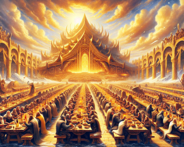 Lavish banquet hall with ethereal figures and temple structure