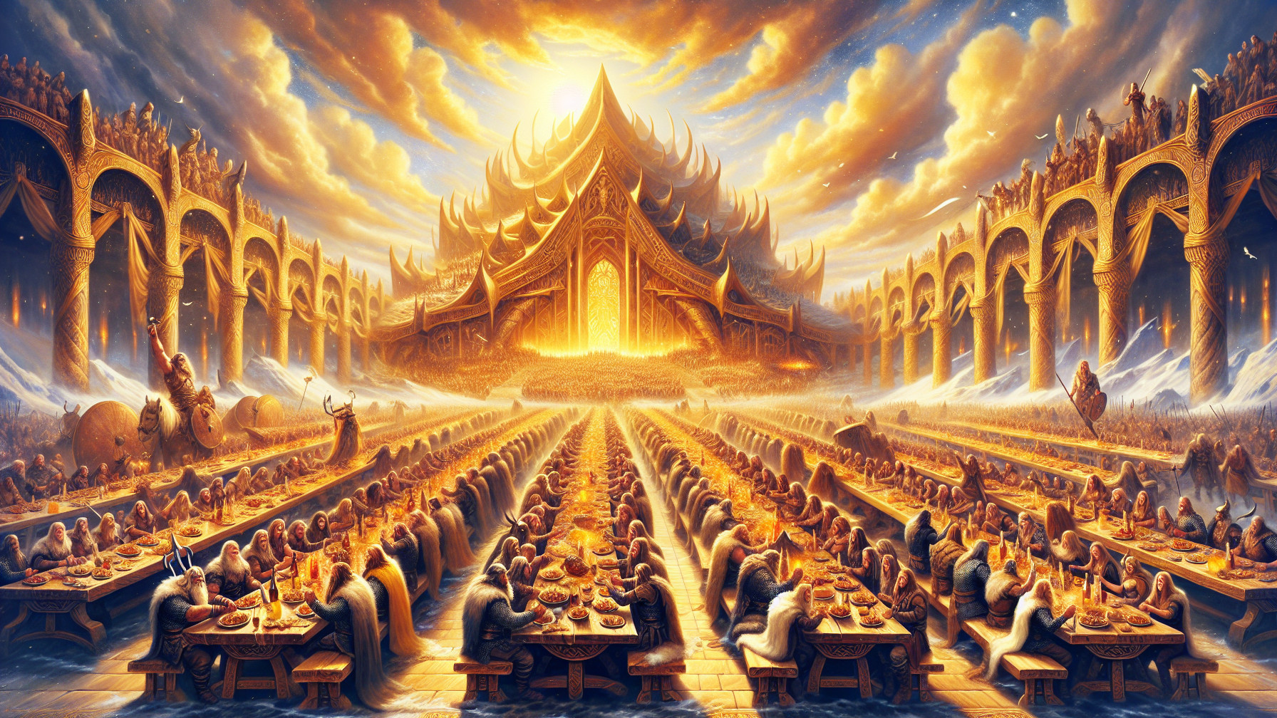 Lavish banquet hall with ethereal figures and temple structure