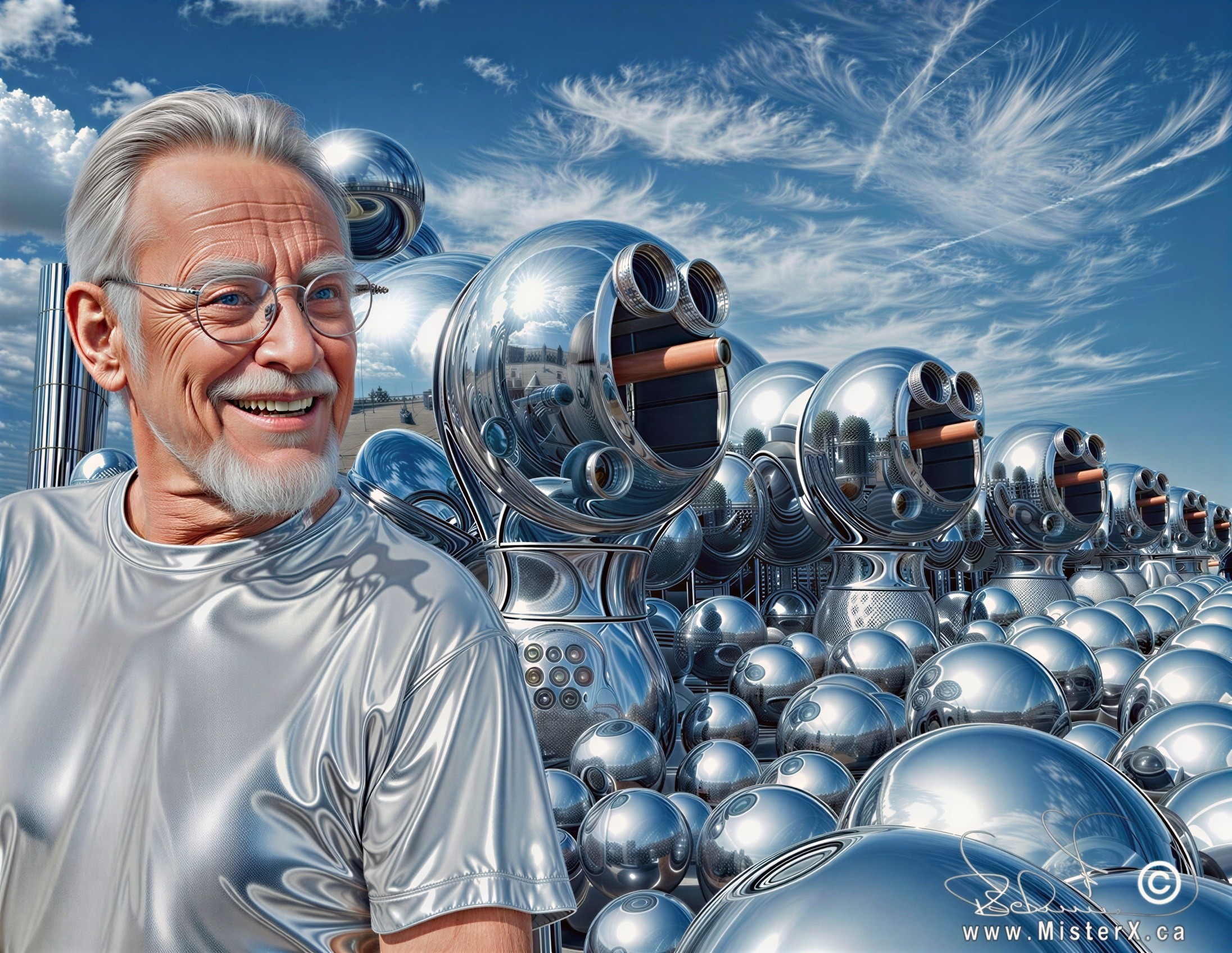 Futuristic Scene with Humans and Metallic Robots