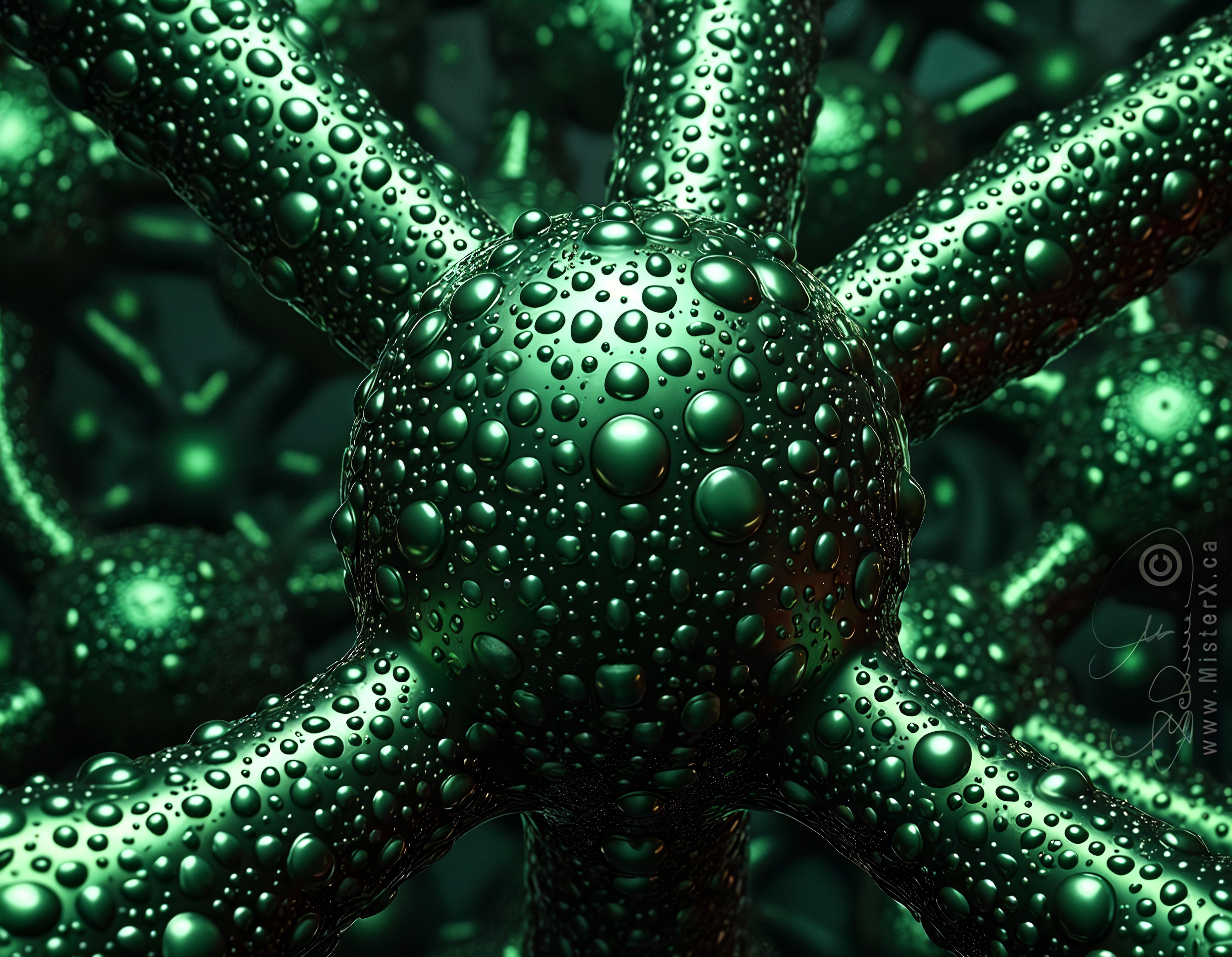 Close-up of a green molecular structure with water droplets
