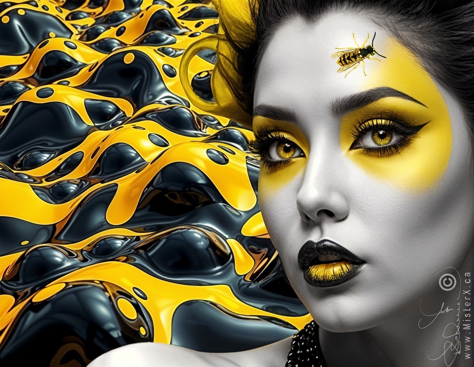 Portrait of a woman with bold yellow and black makeup