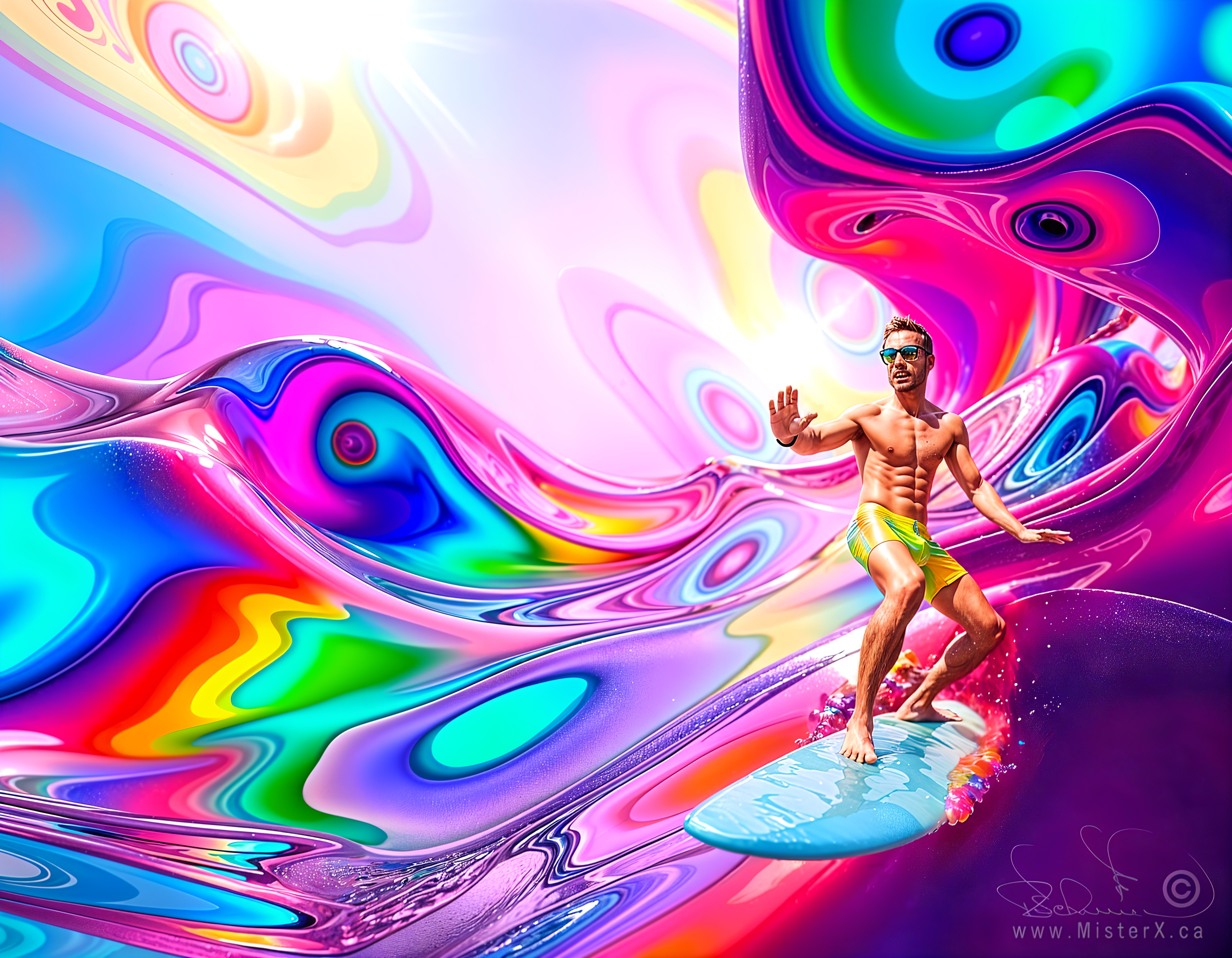 Surreal Scene of Surfer Riding a Colorful Wave