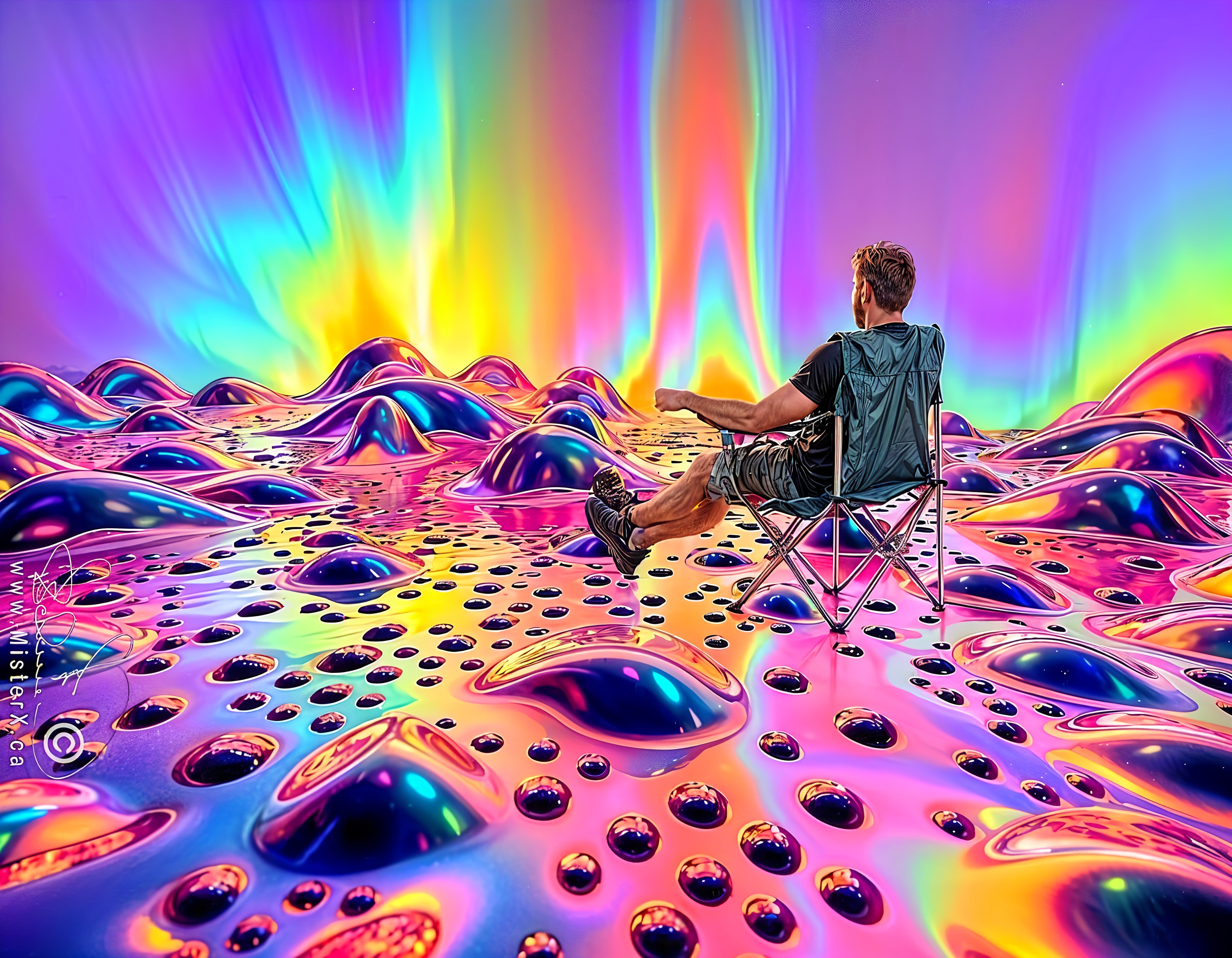 Surreal Landscape with Colorful Bubbles and Tranquility